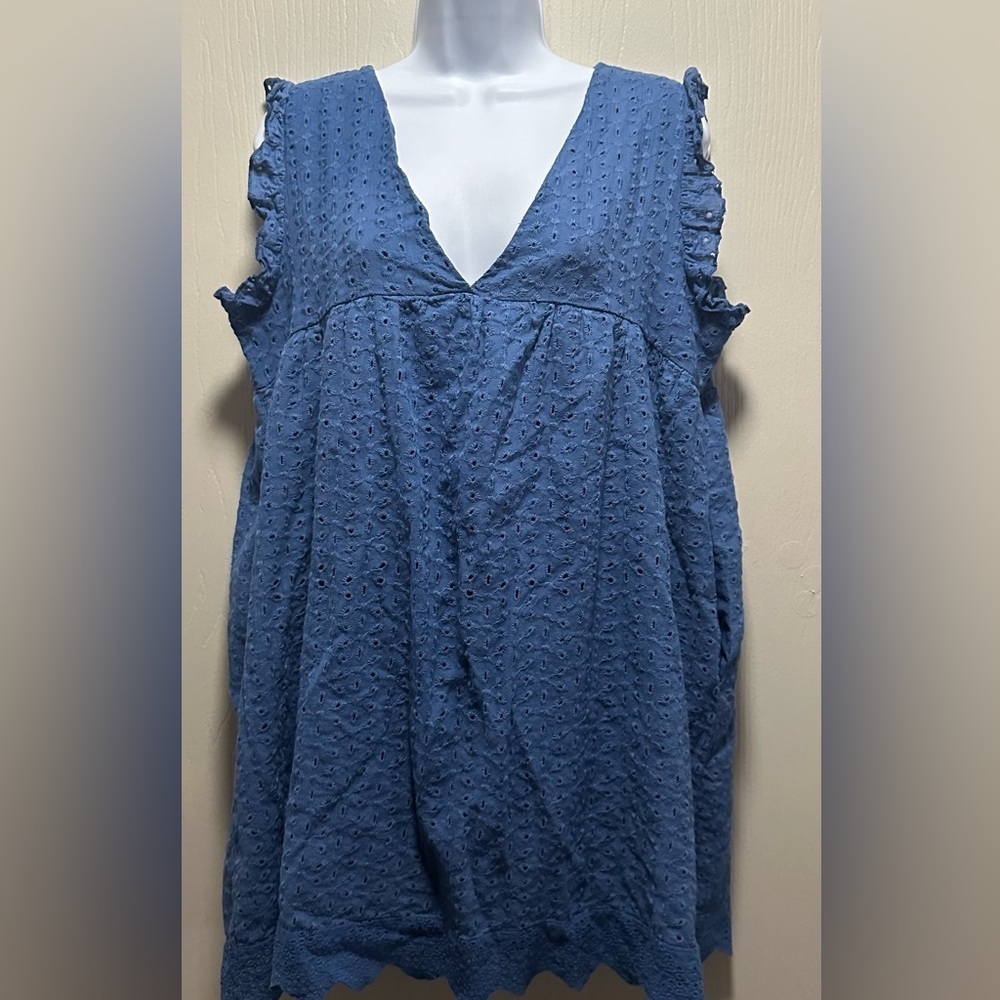 Blue Eyelet Babydoll Dress with Ruffle Sleeves - Size Large - Summer Chic - Picture 4 of 16